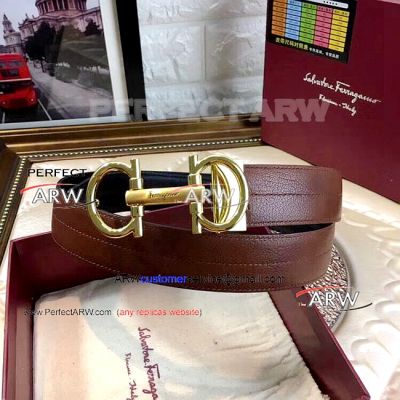 Perfect Replica Salvatoye Ferragamo Long Link Gold Buckle Brown Mid Concave Belt